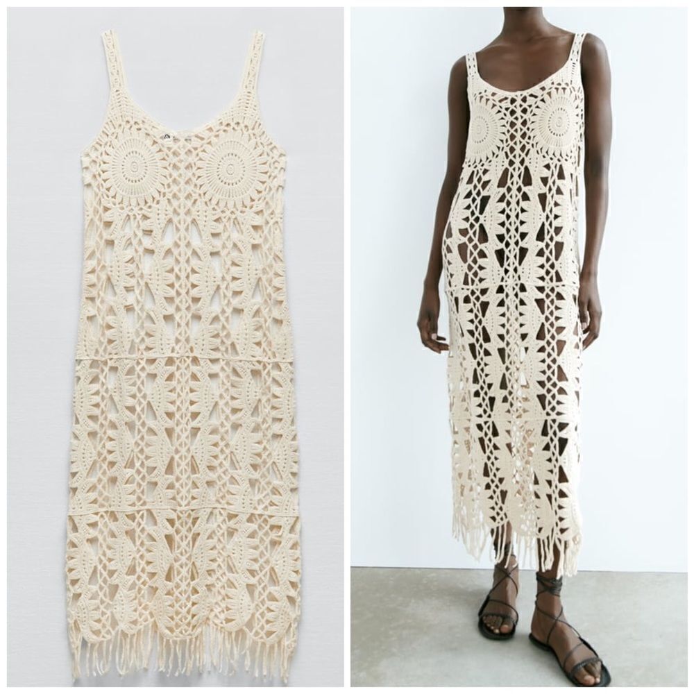 ZARA MACRAMÉ FRINGED KNIT DRESS